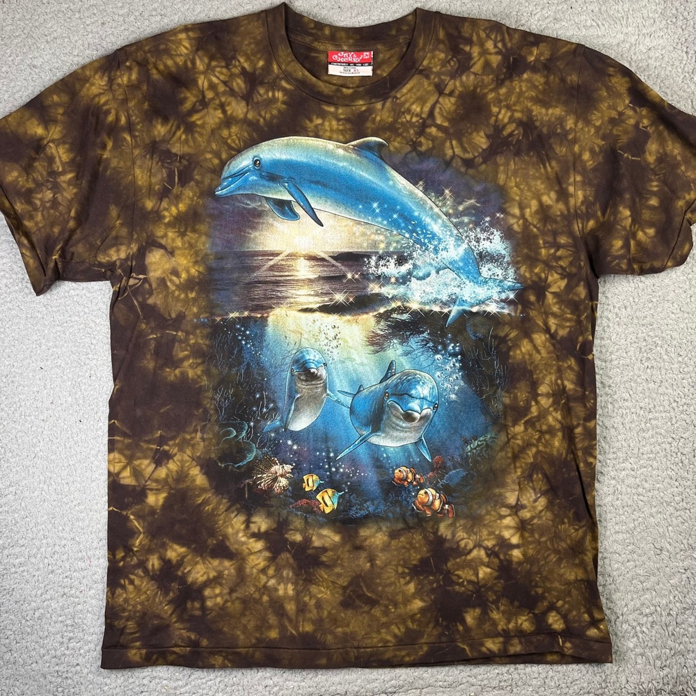 Jay & Cherry Graphic T-Shirt Mens XL Brown Tie Dye Dolphin Ocean Nature Tee